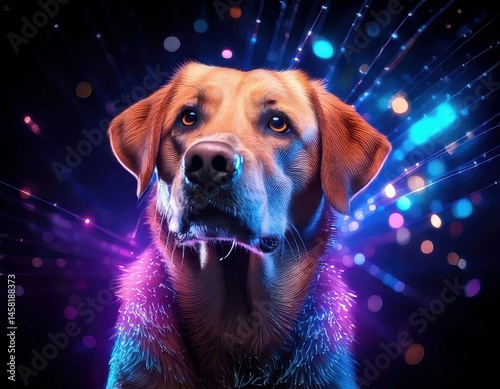 Labrador Retriever under magical lighting with neon glow, immersed in a soft bokeh fantasy background