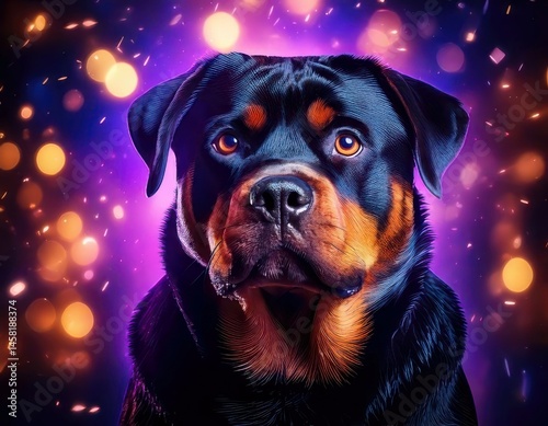 Obraz na płótnie Rottweiler under magical lighting with neon glow, immersed in a soft bokeh fantasy background w salonie