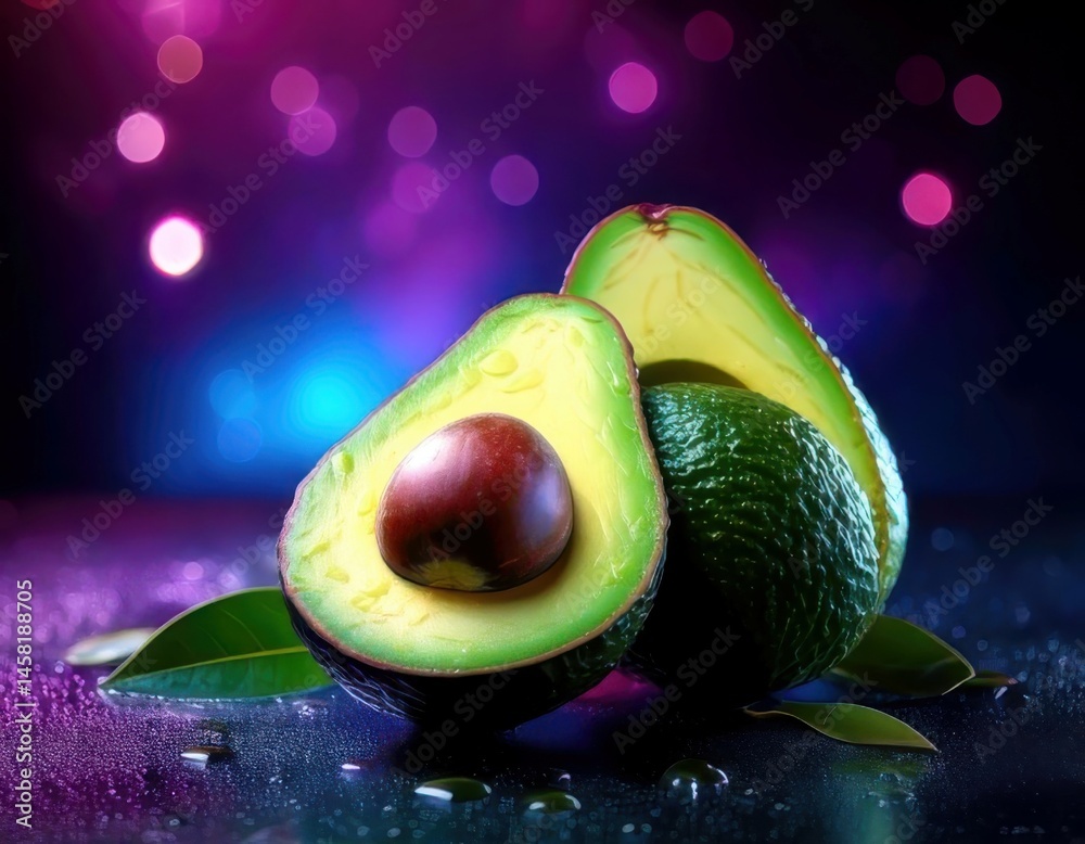 Avocado under magical lighting with neon glow, immersed in a soft bokeh fantasy background