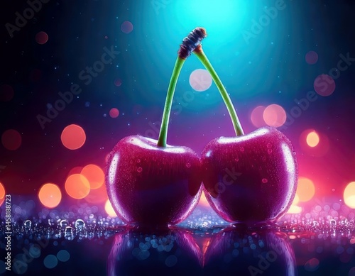 Cherry under magical lighting with neon glow, immersed in a soft bokeh fantasy background