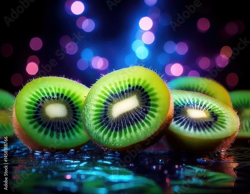 Obraz na płótnie Kiwi under magical lighting with neon glow, immersed in a soft bokeh fantasy background w salonie
