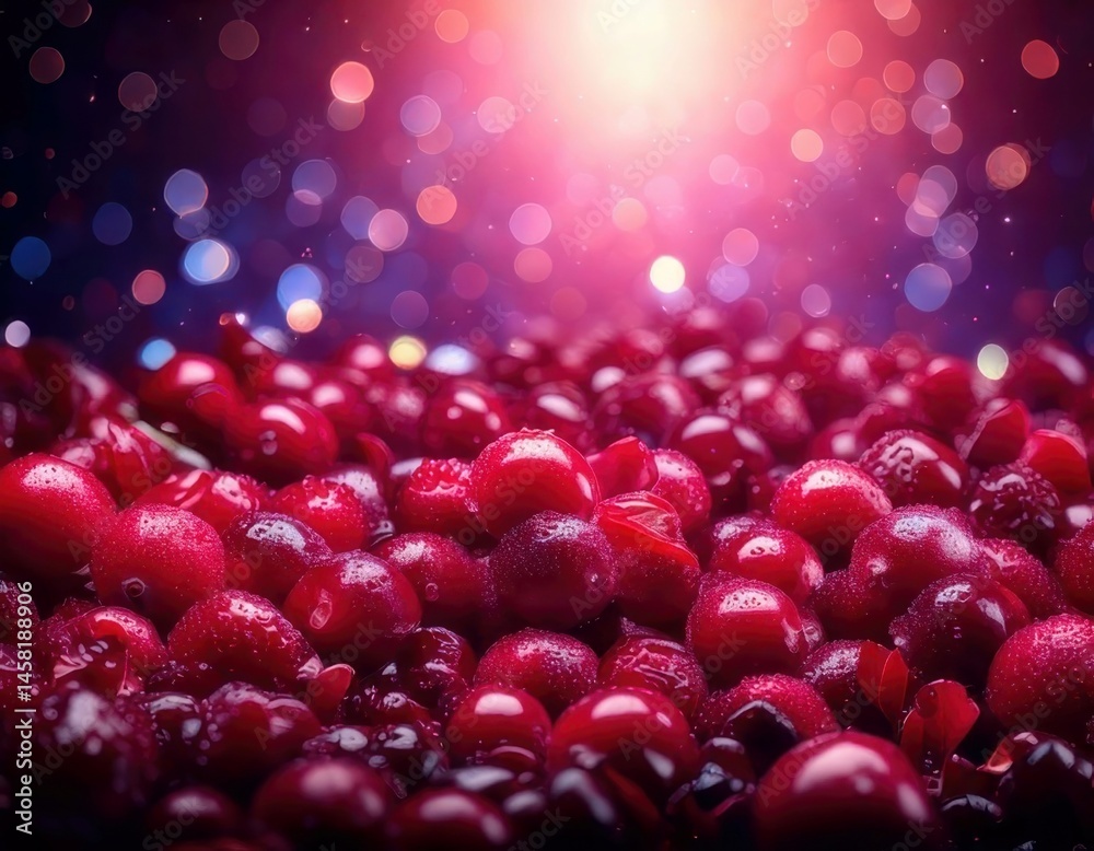Cranberry under magical lighting with neon glow, immersed in a soft bokeh fantasy background