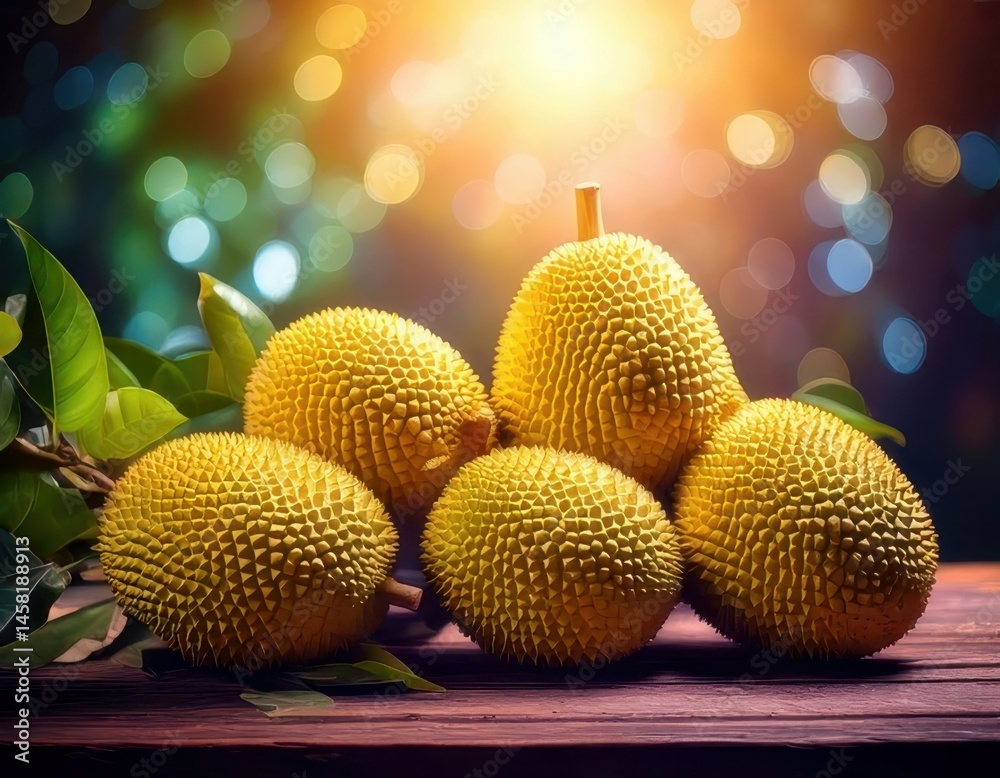 Jackfruit under magical lighting with neon glow, immersed in a soft bokeh fantasy background