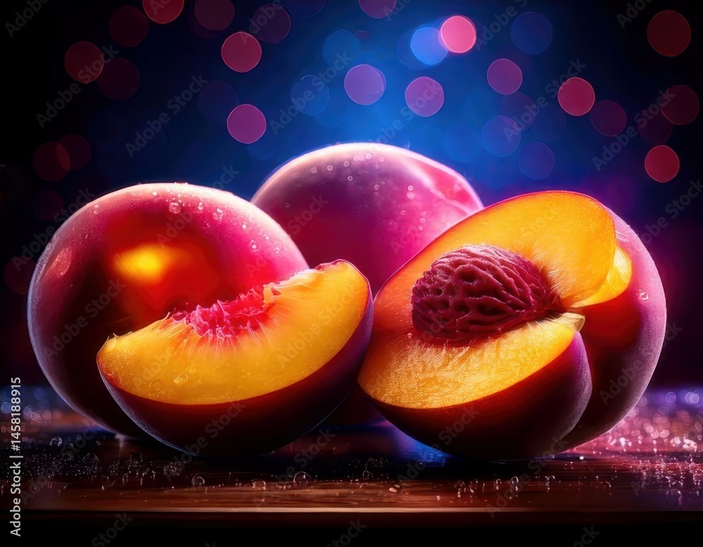 Nectarine under magical lighting with neon glow, immersed in a soft bokeh fantasy background