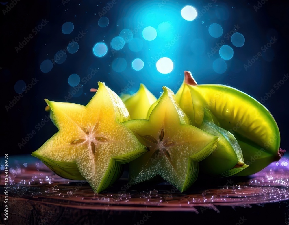 Starfruit under magical lighting with neon glow, immersed in a soft bokeh fantasy background