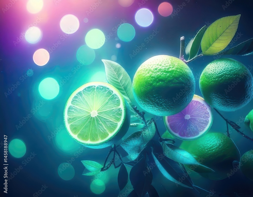 Lime under magical lighting with neon glow, immersed in a soft bokeh fantasy background