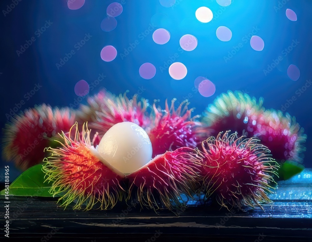 Rambutan under magical lighting with neon glow, immersed in a soft bokeh fantasy background