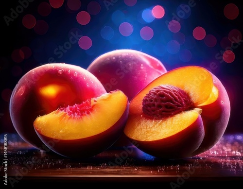 Nectarine under magical lighting with neon glow, immersed in a soft bokeh fantasy background