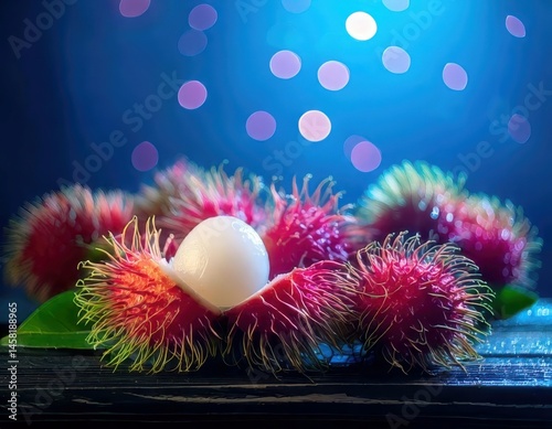 Obraz na płótnie Rambutan under magical lighting with neon glow, immersed in a soft bokeh fantasy background w salonie