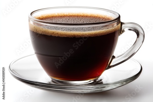 Exquisite clear glass cup filled with freshly brewed coffee showcasing rich dark hues and frothy surface on a sleek saucer radiating warmth and inviting aroma of high-quality caffeinated beverage