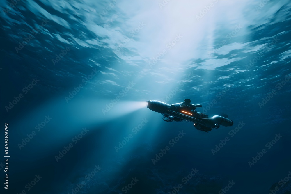 Fototapeta premium A futuristic submarine is flying through the ocean