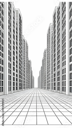 A grayscale perspective drawing of a city street lined with tall, slender buildings, converging to a vanishing point.  The pavement is depicted as a grid pattern