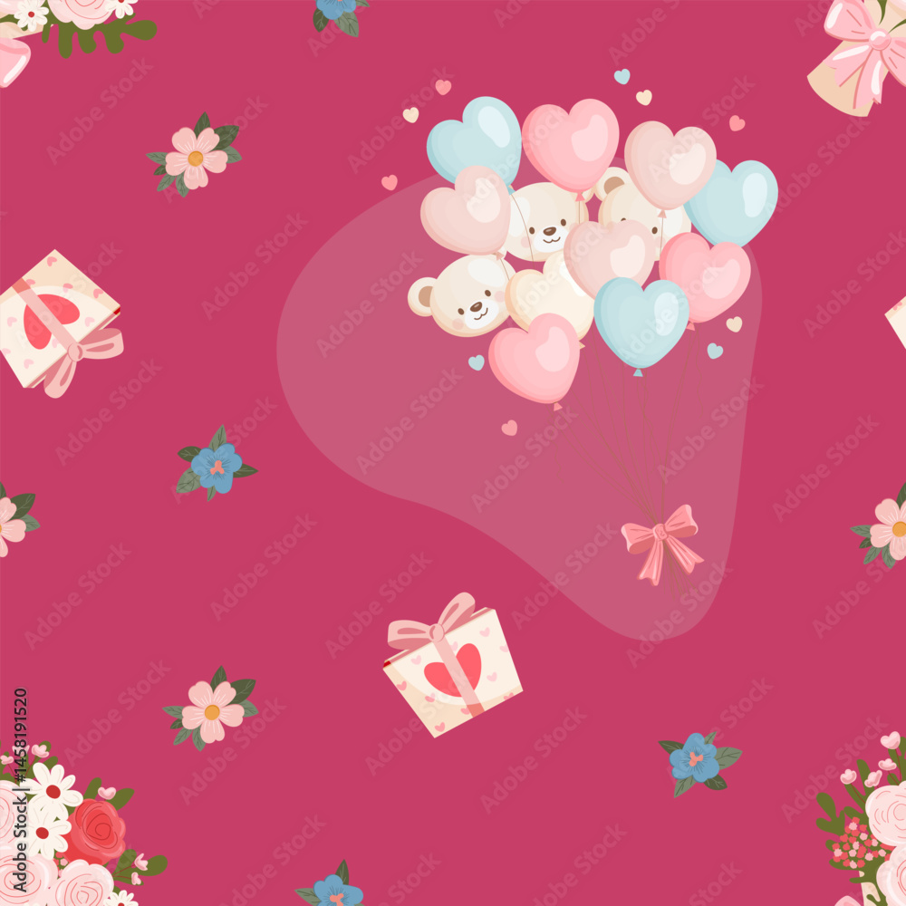 Fototapeta premium Seamless vector pattern with teddy bear balloons, heart shaped pastel balloons, gift boxes and flower bouquets. Raspberry background. Ideal for wrapping paper, Valentines Day and kids products