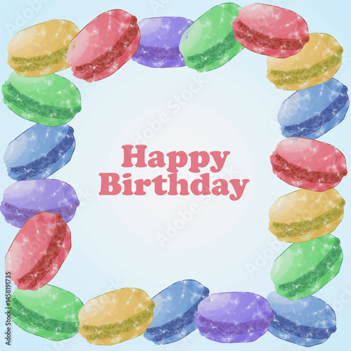 Colorful Macarons in Watercolor Style with Reflective Glow Pattern for Happy Birthday