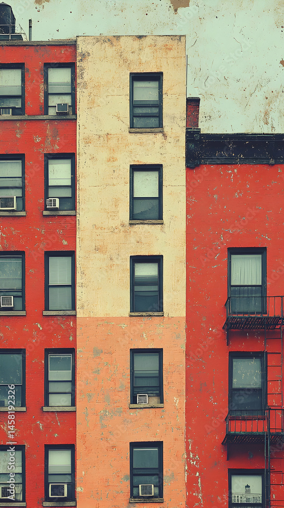 Naklejka premium Two adjacent buildings, one red and one pale orange, featuring multiple windows and air conditioners