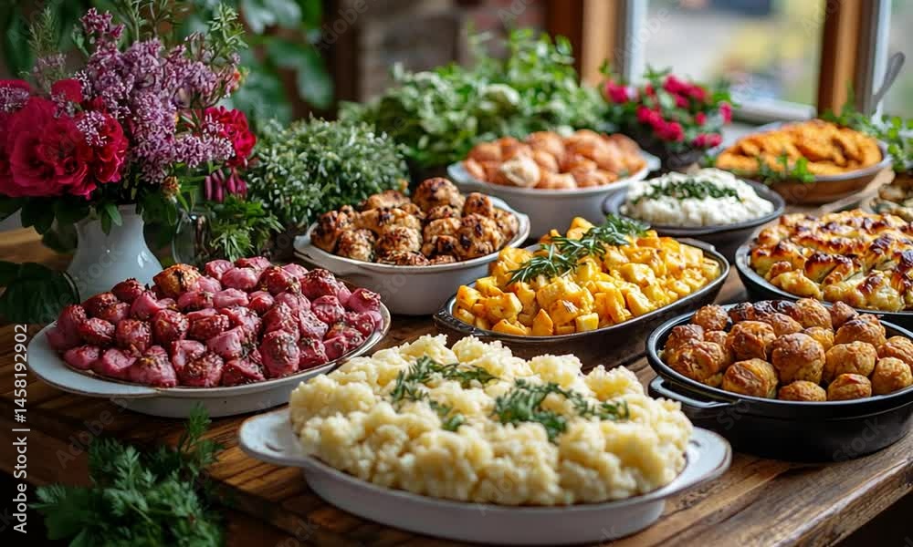 A vibrant display of assorted dishes including mashed potatoes, meatballs, and casseroles at a festive gathering A vibrant display of assorted dishes including mashed potatoes, meatballs, and casseroles at a festive gathering