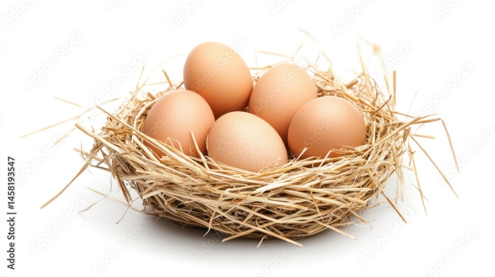Five Brown Eggs in a Nest on White Background Five Brown Eggs in a Nest on White Background