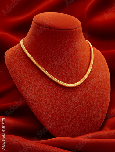 Elegant Gold Necklace on a Red Display: A luxurious gold necklace drapes gracefully upon a crimson display bust, its radiant glow enhanced by the rich texture of the fabric.