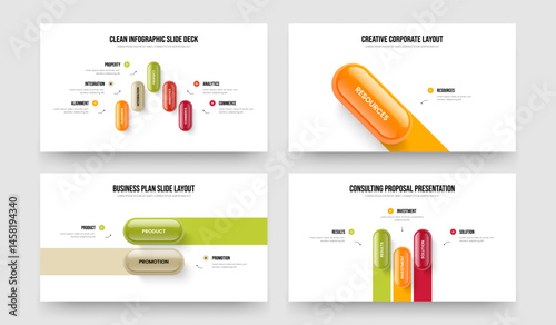 Product Growth 5 1 2 3 Element Diagram Slideshow Design Bundle. Market Innovation Five One Two Three Option Infographic Slide Template Vector Illustration Set.
