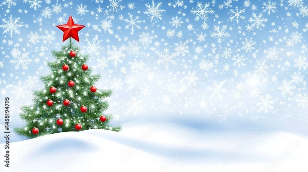 Obraz premium Snowy Christmas tree, red star, winter wonderland, card design