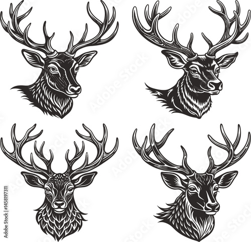 Majestic deer heads with antlers black and white silhouette vector illustration