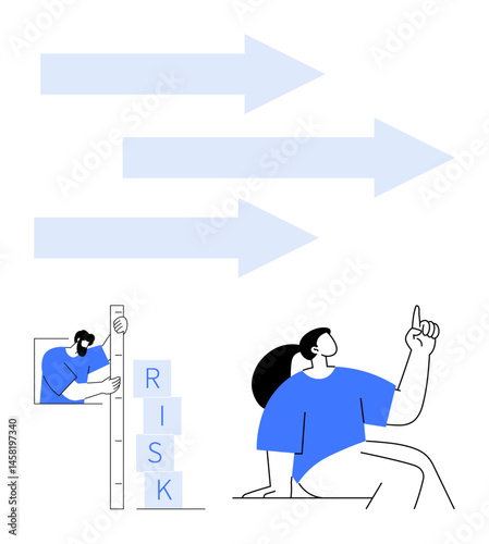 Arrows symbolize progress, a person analyzes risk levels with a ruler and blocks, while another ponders solutions. Ideal for strategy, decision-making, innovation, risk analysis, growth