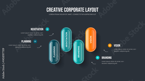 Professional Launch Four Element Diagram Slide Layout. Service Forecast Presentation Template Vector Illustration. Digital Proposal 4 Step Infographic Slideshow Design.