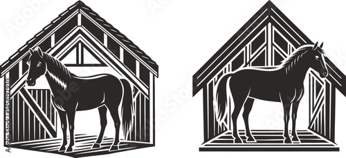 Horse Stable Black and White Design, Two Horses in Simple Barns Silhouette Vector Illustration