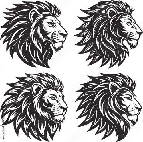 Majestic Lion Heads Profile View Black and White Silhouette Vector Illustration