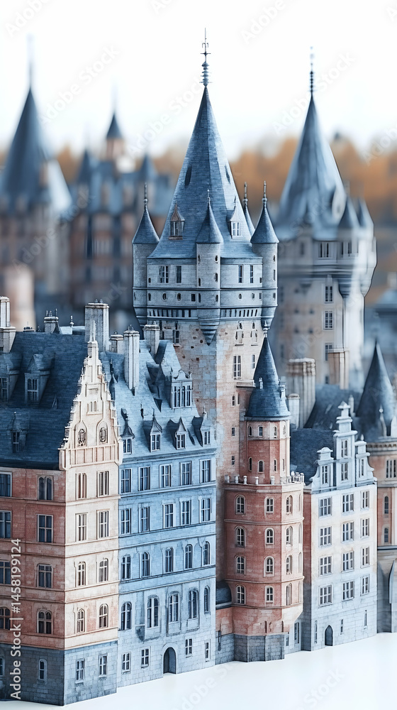 Fototapeta premium Intricate miniature cityscape featuring numerous grey, brown, and beige buildings with pointed roofs, reminiscent of a medieval European town