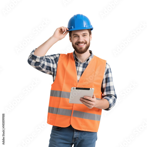 Smiling construction worker using tablet wearing hardhat and safety vest  isolated on transparent background, no background