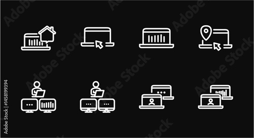 Remote Work Line Icons . Freelancer Work from Home, Video Call, Online Meeting, Teleconference Vector Set
