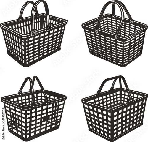 Shopping Baskets Design Set Black Vector Illustration 
