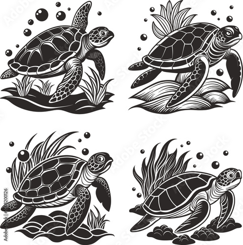 Sea Turtles Underwater Scene Black and White Vector Illustration