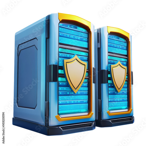 Secure cartoon data servers designed with shields highlighting cybersecurity features, 3D Cartoon Secure Data Servers with Shields on transparent background