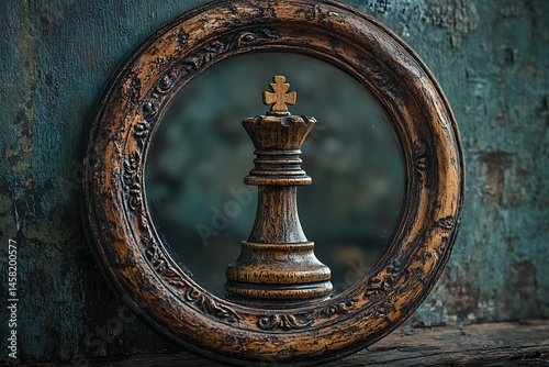Wooden chess king piece centered in a decorative vintage style picture frame