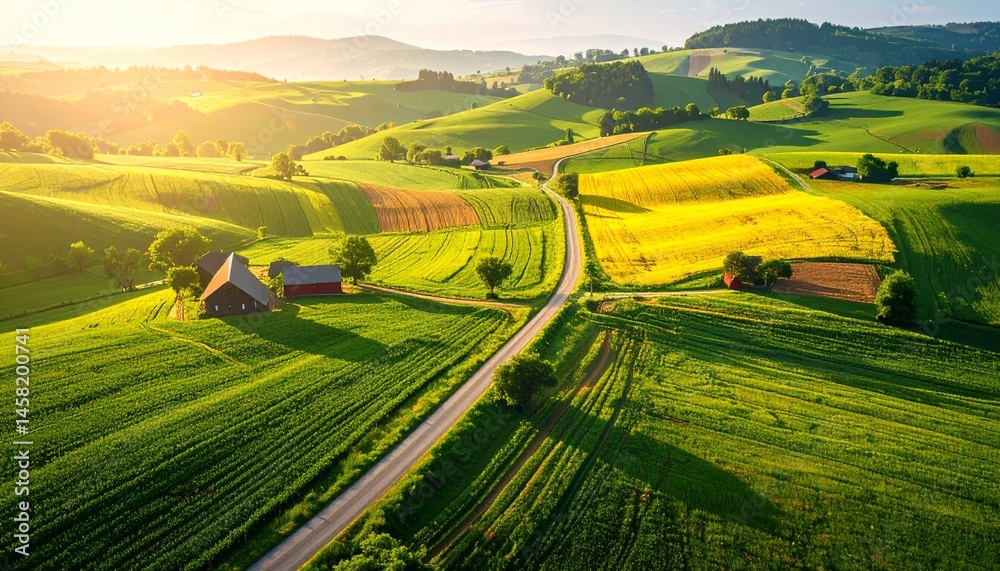 Fototapeta premium Farm landscape, agricultural fields, beautiful countryside, country road. Nature Illustration, photorealistic top view drone