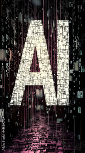 Glowing white letter AI constructed from digital fragments against dark background with matrix-style falling code and purple cyberpunk aesthetic elements