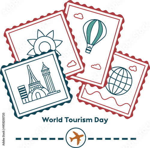 World Tourism Day Stamps: A collection of stylized postage stamps depicting iconic travel destinations, a hot air balloon, and the globe, celebrating World Tourism Day.