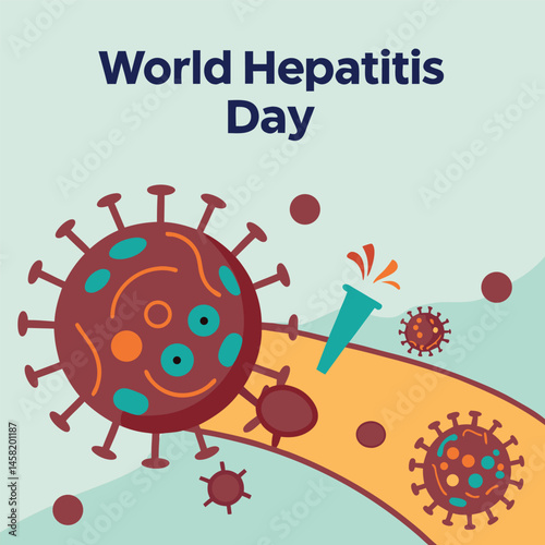 World Hepatitis Day: A bold illustration of viral particles and medical instruments to emphasize the global health observance day.