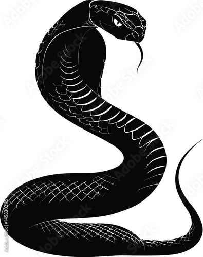 Bold Vector Cobra Silhouette Depicting an Upright Snake with Expanded Hood in a Striking Defensive Posture
