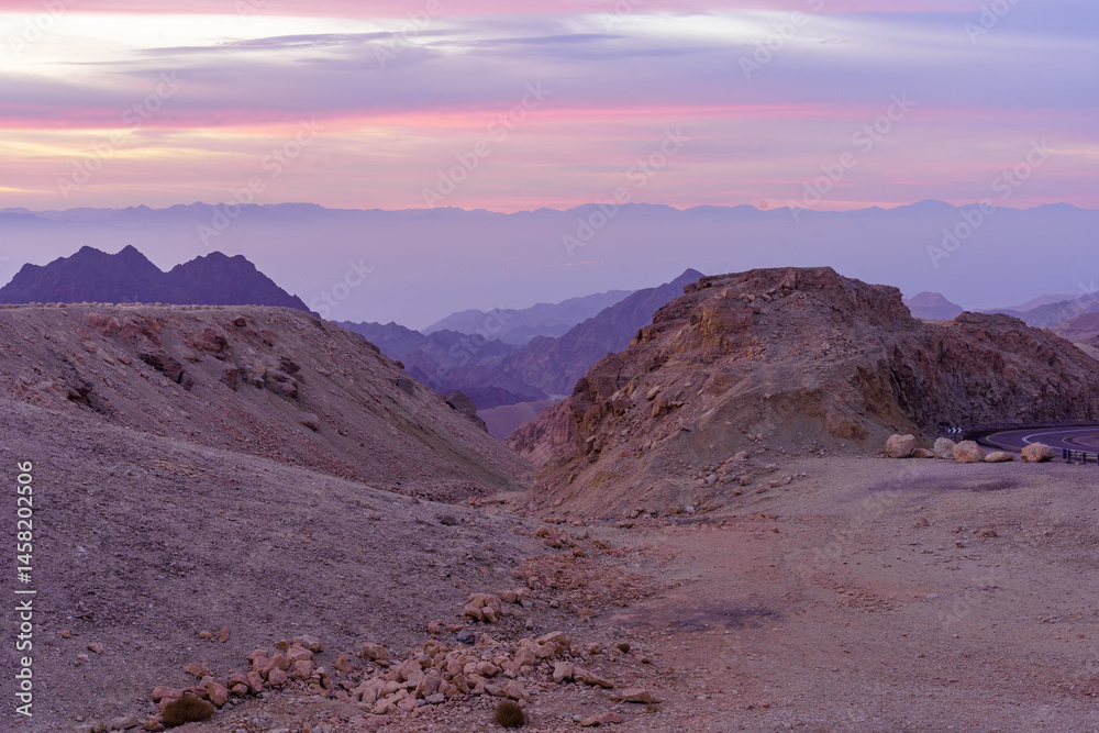 Sunrise view of Mount Shlomo and the Gulf of Aqaba