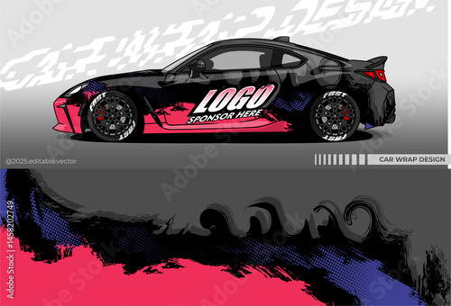Car wrap design vector with black pink colour. Abstract decal livery. Sticker vinyl body car. Suitable for racing, drift, rally or daily use	