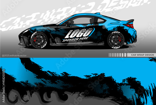 Car wrap design vector with black blue colour. Abstract decal livery. Sticker vinyl body car. Suitable for racing, drift, rally or daily use	