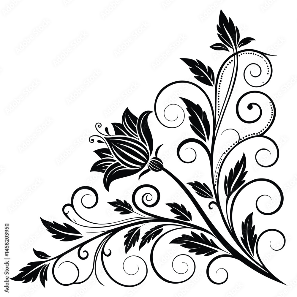 Obraz premium Elegant Black and White Floral Corner Ornament