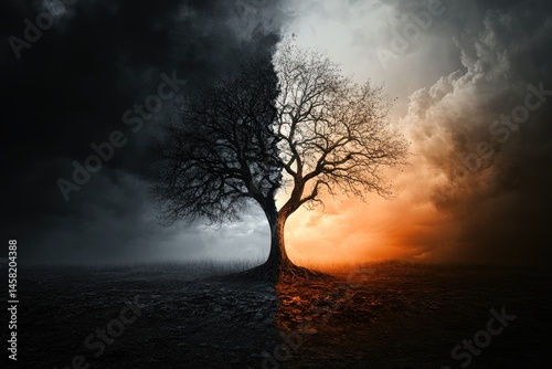 symbolic tree showing life and death, one side alive and one side dry, dramatic lighting, moody landscape
