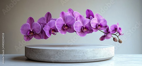 Elegant purple orchid on concrete pedestal. Minimalist studio shot for serene product display, spa, beauty, wellness, Valentine's Day, Mother's Day concepts. Copy space.