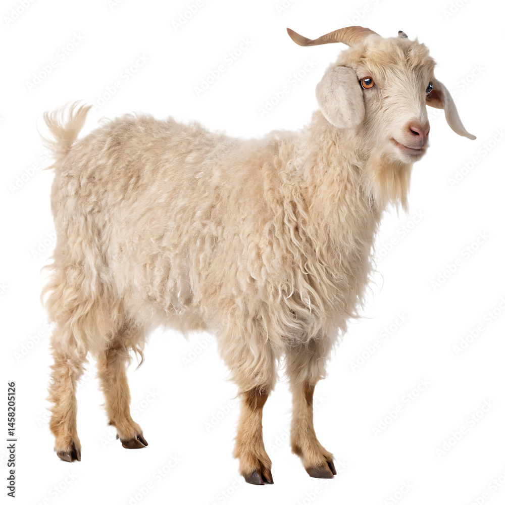 Fototapeta premium Fluffy angora goat isolated on white background png ai isolated on a white background