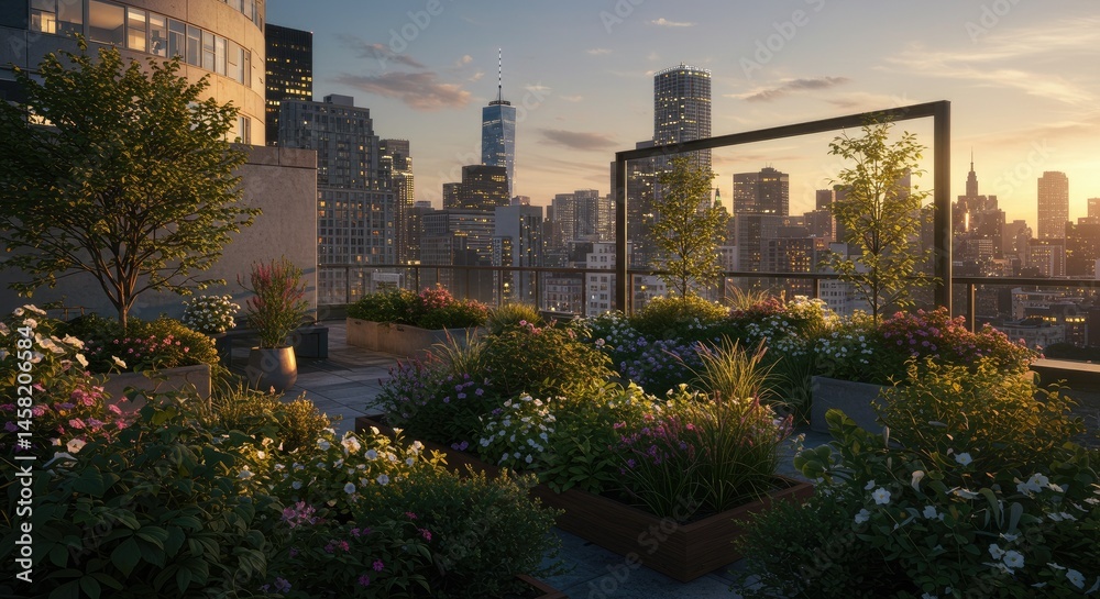 Obraz premium A city rooftop garden at sunset, with lights twinkling below.