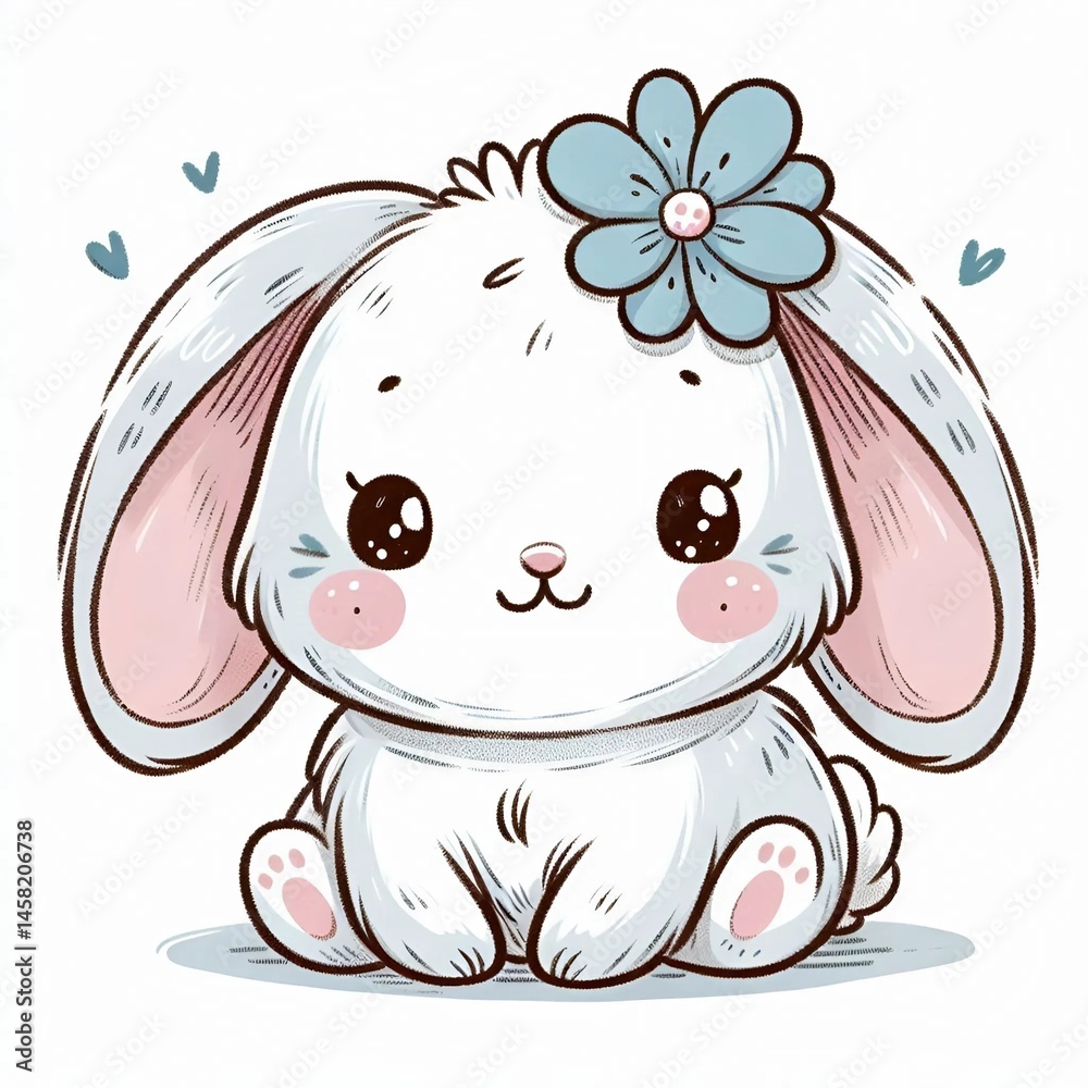 Obraz premium Adorable hand-drawn cartoon bunny with big ears, soft fur texture, pink cheeks, and a cute blue flower on its head, sitting happily on a white background in a children’s doodle style